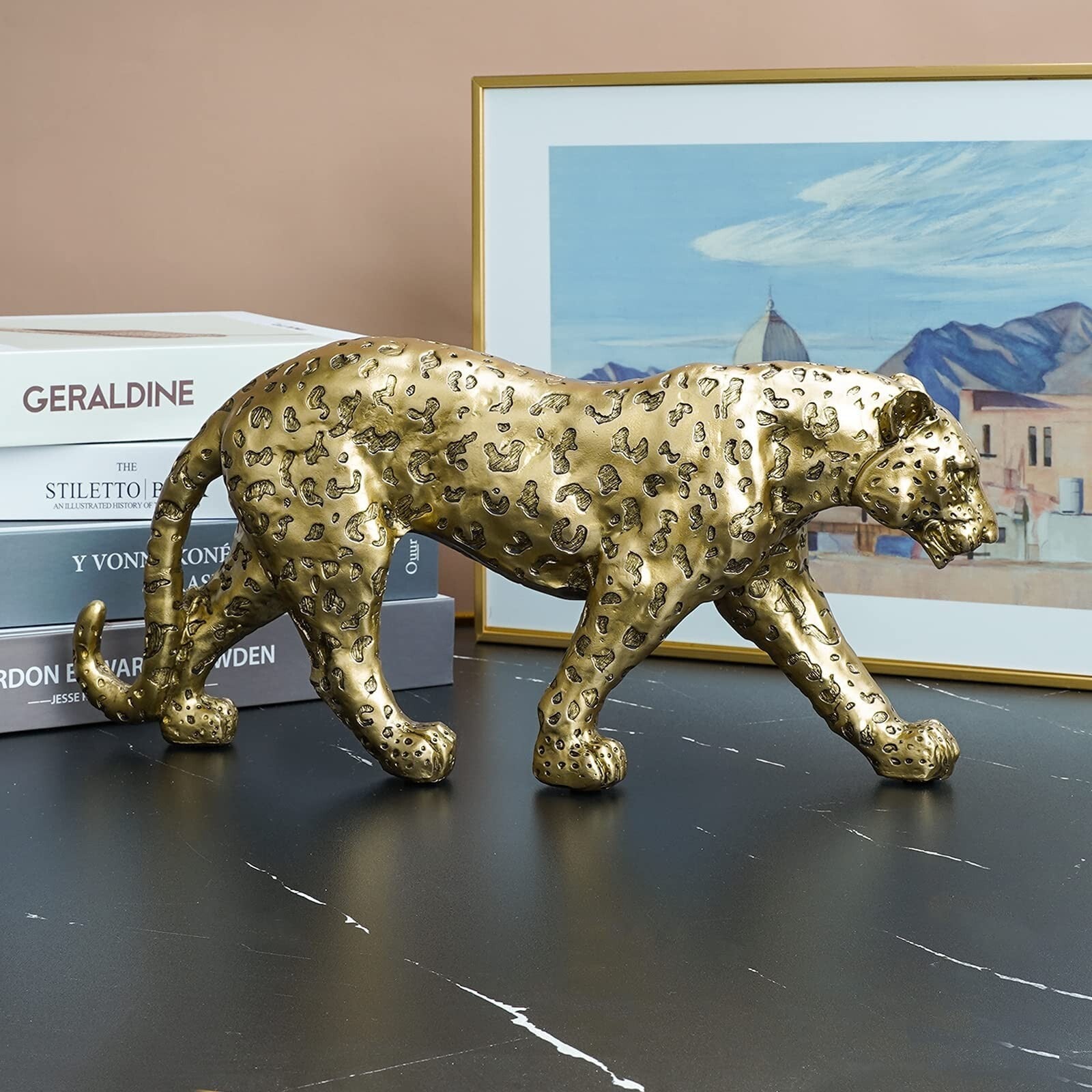 Cheetah Statue Home Decor Leopard Sculpture Resin Sitting Cheetah Figurine De...