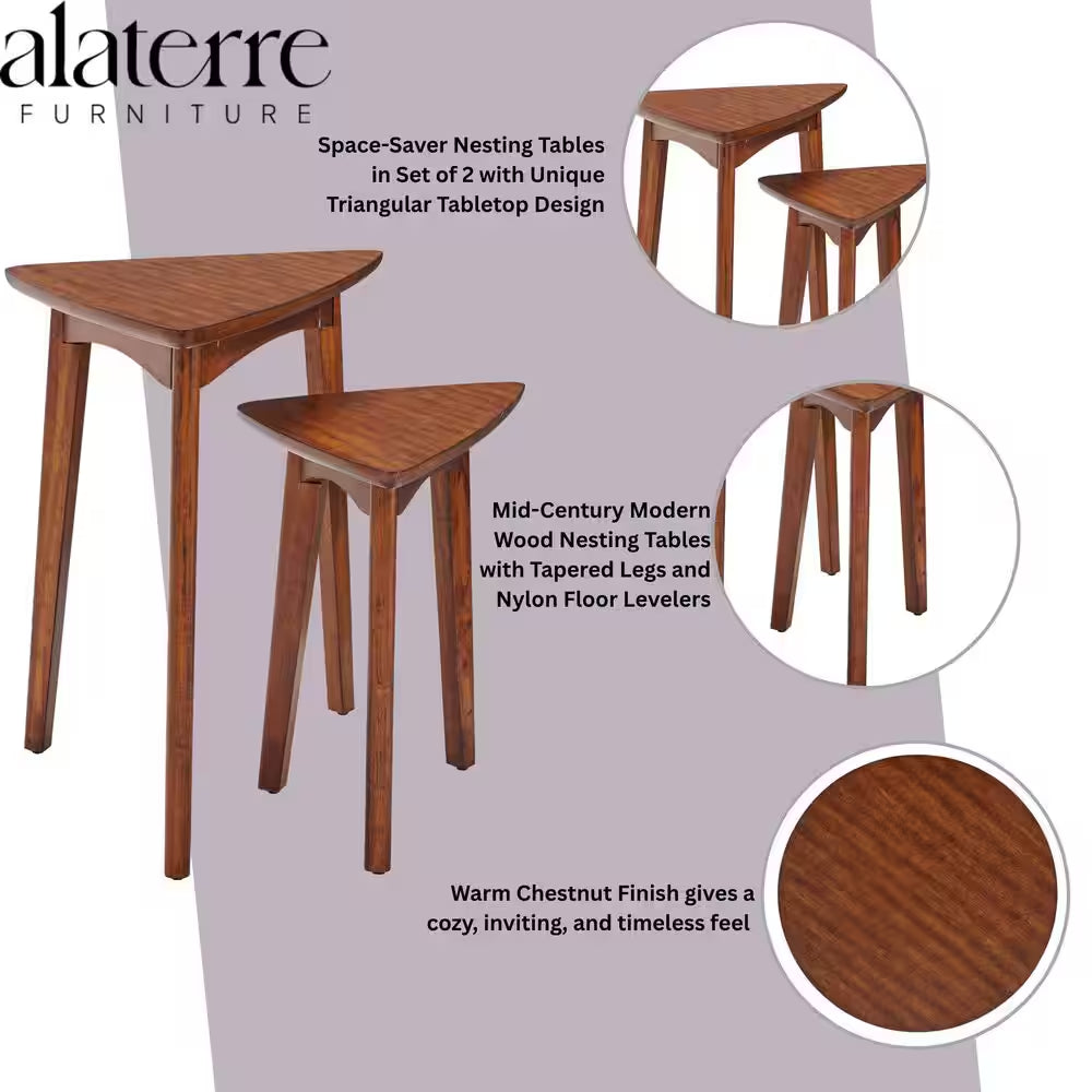 Monterey 24 In. Warm Chestnut Mid-Century Wood Triangular Nesting End Tables (Set of 2)