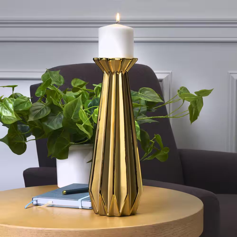 4.72X4.72X13.39 Inch Gold Ribbed Ceramic Candle Holder, for Use with Pillar Candle