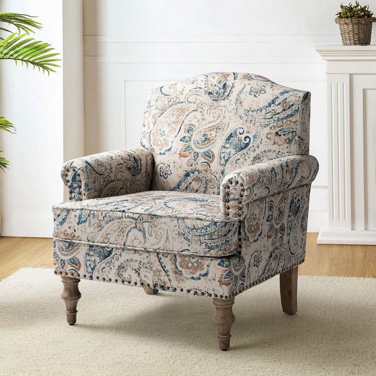 Yahweh Transitional Wooden Upholstered Floral Pattern Design Armchair with Panel Arms and Camelback| ART of LIVING DESIGNS