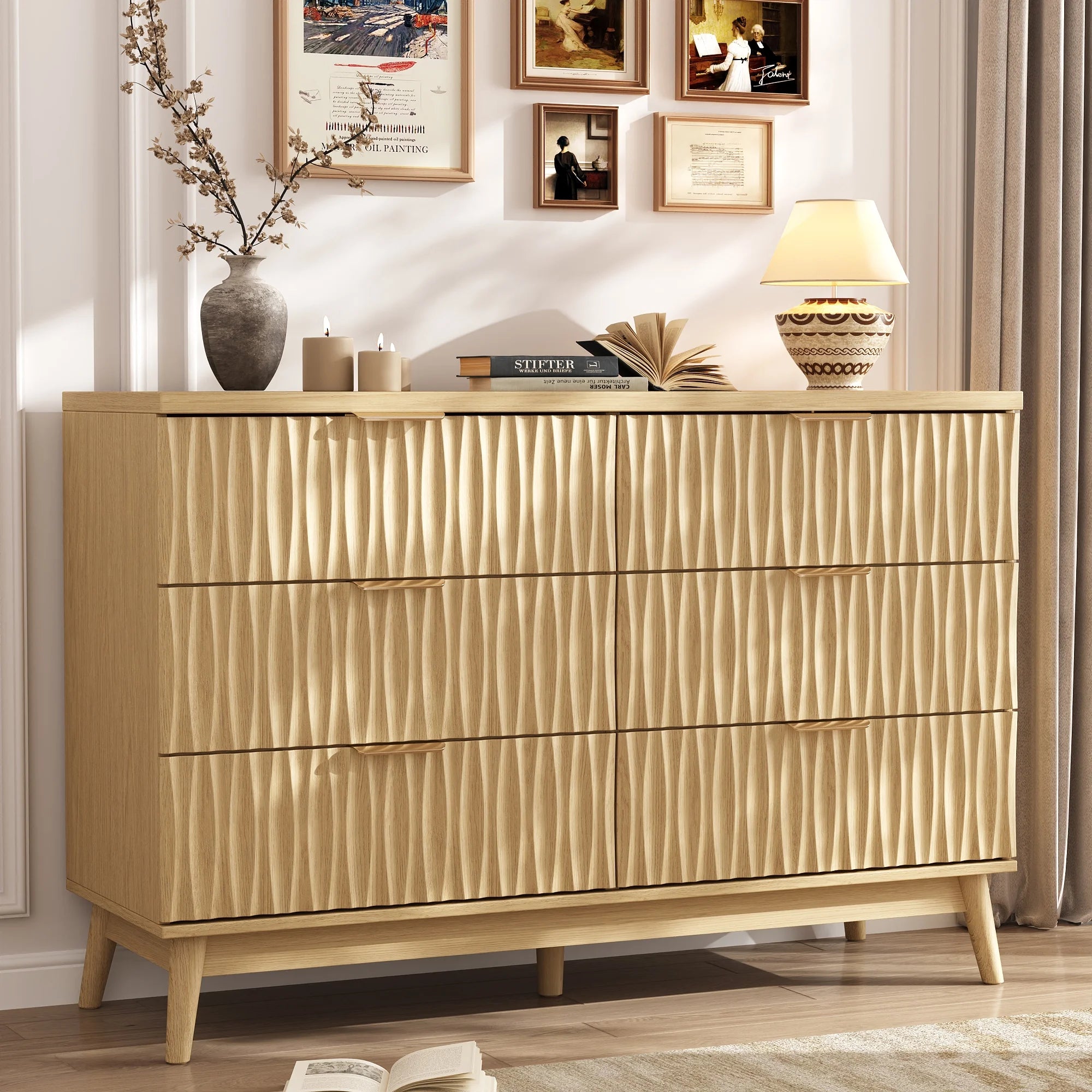 Fluted Dresser for Bedroom with 6 Drawers, 48" Wide Modern Chest of Drawers with Elegant Wave Design, Wooden Dresser TV Stand, Closet Clothes Storage Organizer for Living Room, Hallway
