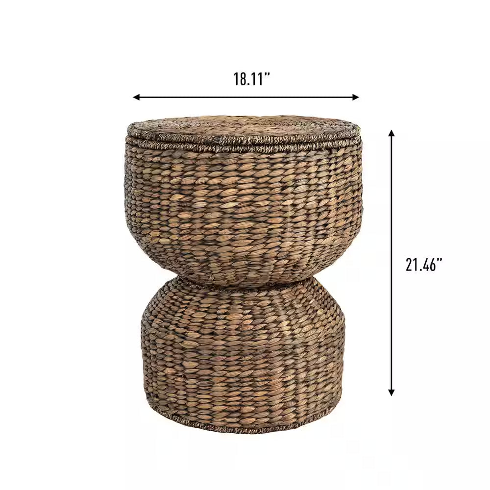 Bhola 18 In. Hourglass Handwoven Hyacinth Storage Accent Table with Lid, Brown Wash
