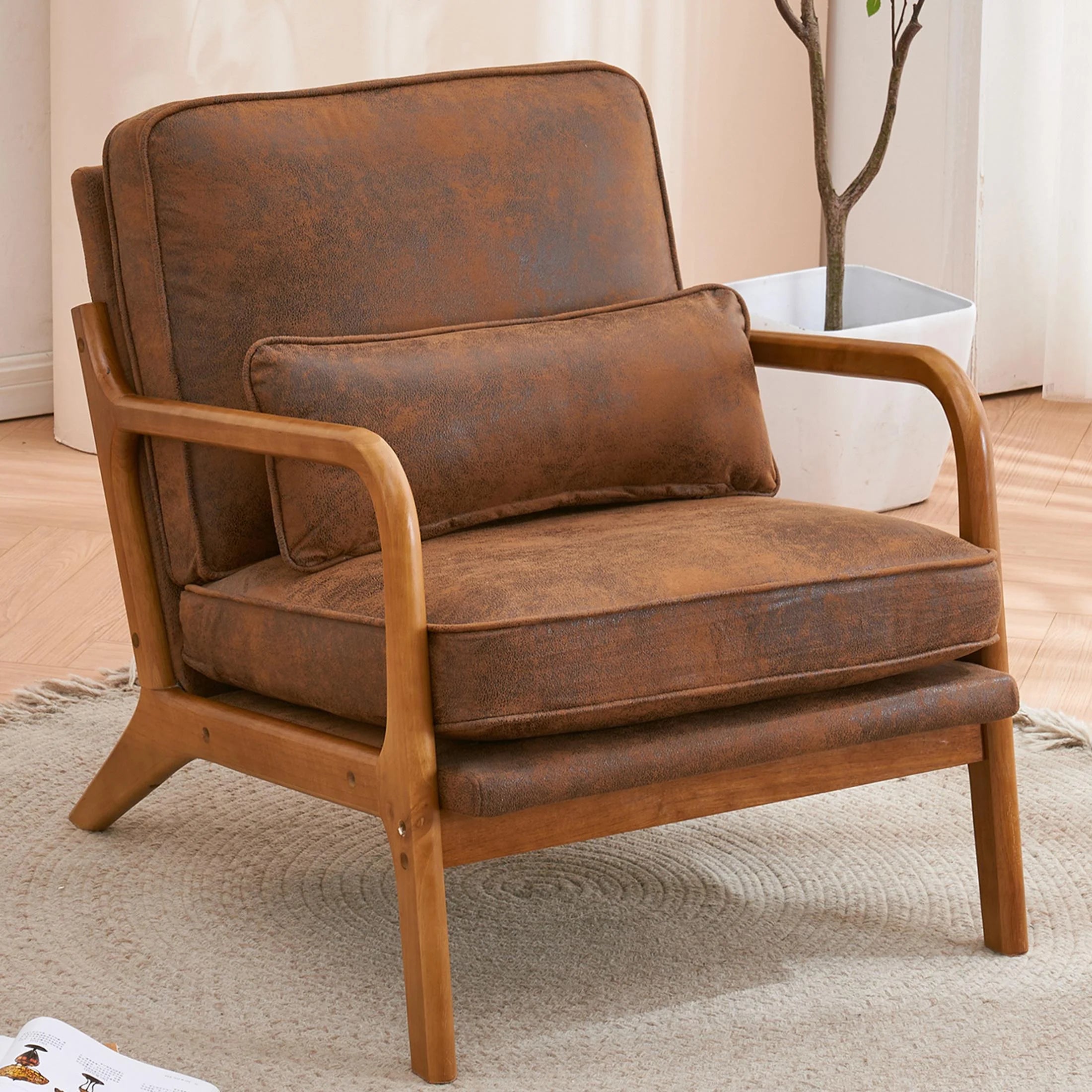 Modern Accent Chair, Armrest Upholstered Single Lounge Chair, Leisure Chair Reception Chair for Living Room, Bedroom, Reading Room, Brown