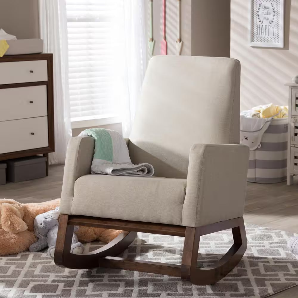Yashiya Mid-Century Beige Fabric Upholstered Rocking Chair