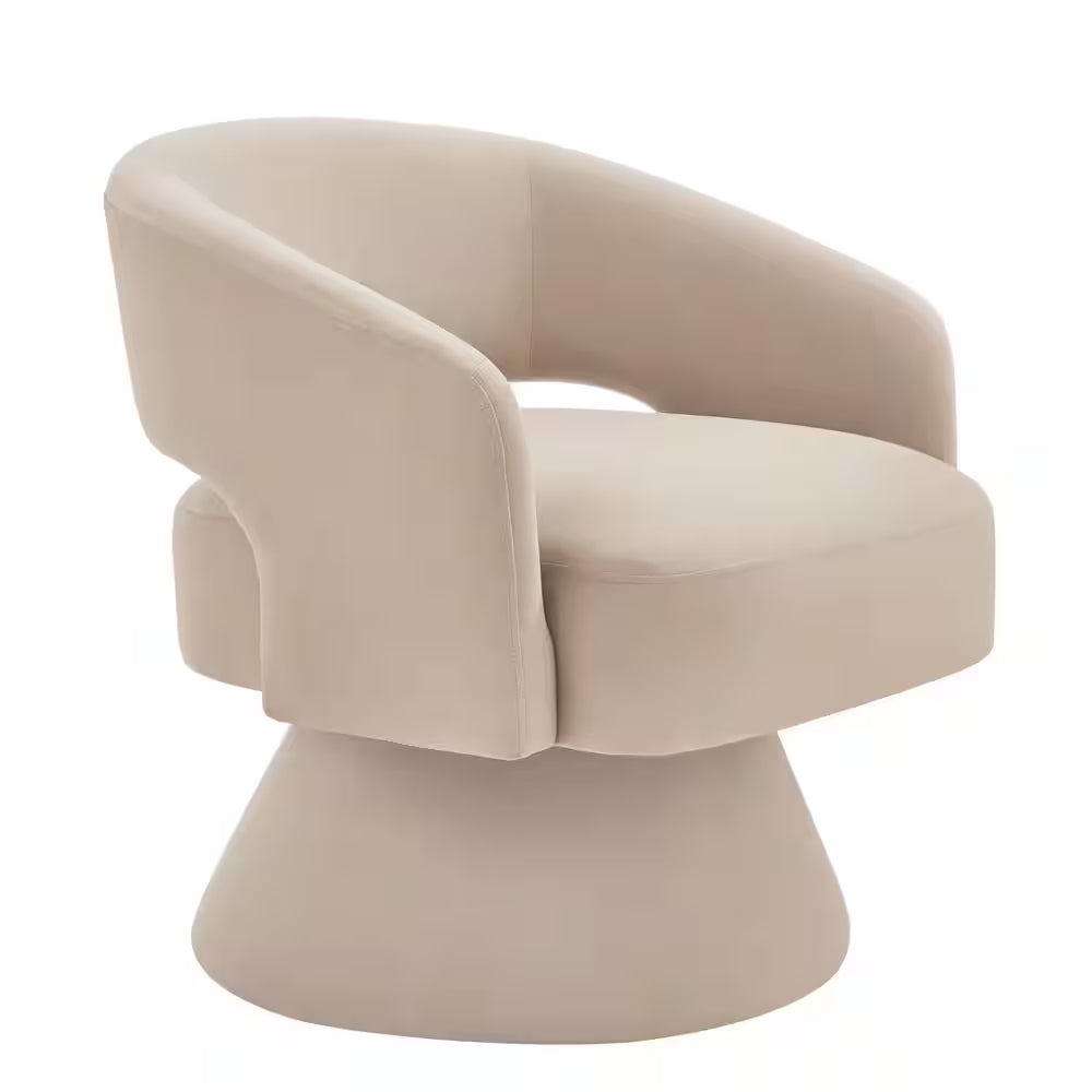 Beige Velvet Modern Swivel Barrel Chair Upholstered Accent Armchair Swivel Chair Lounge Chair with Open Backrest