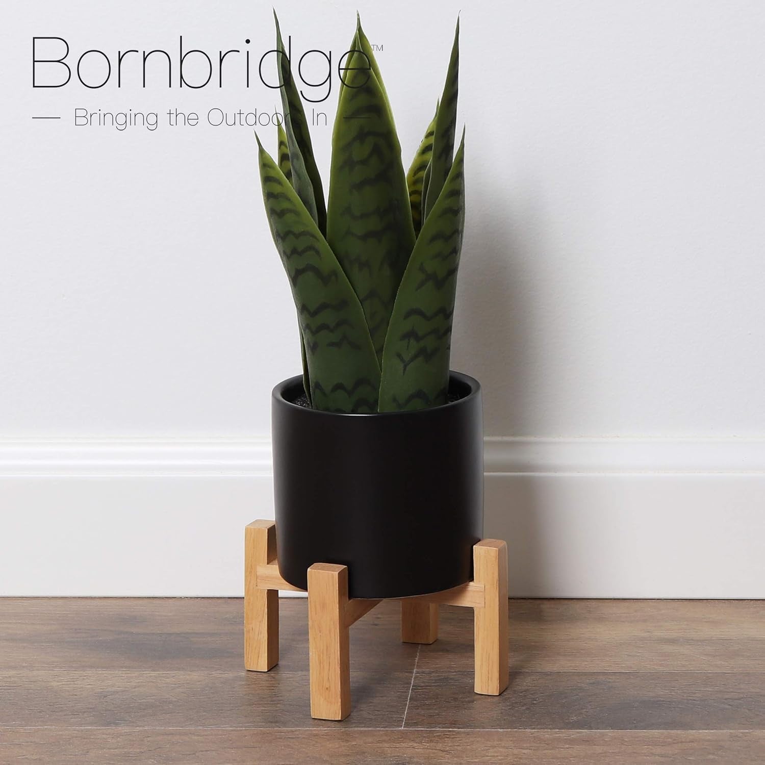 Artificial Snake Plant with Mid Century Plant Stand - Sansevieria Plant in Modern Planter - Artificial Plants with Indoor Plant Stand - Faux House Plants (Small / 2 Pack)