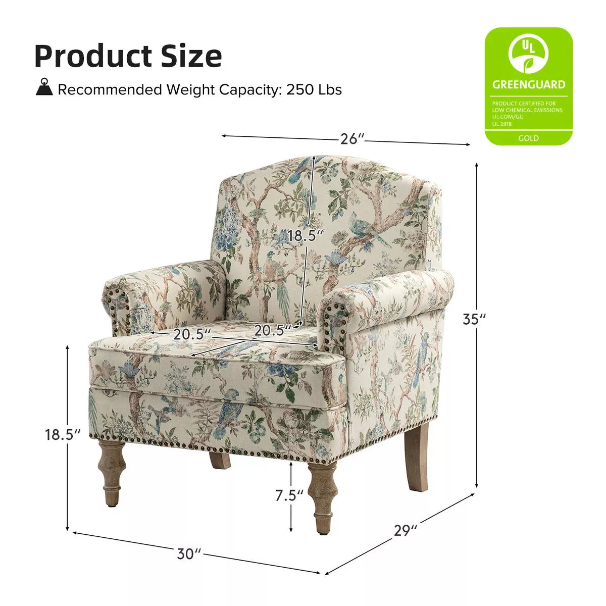 Yahweh Transitional Wooden Upholstered Floral Pattern Design Armchair with Panel Arms and Camelback| ART of LIVING DESIGNS