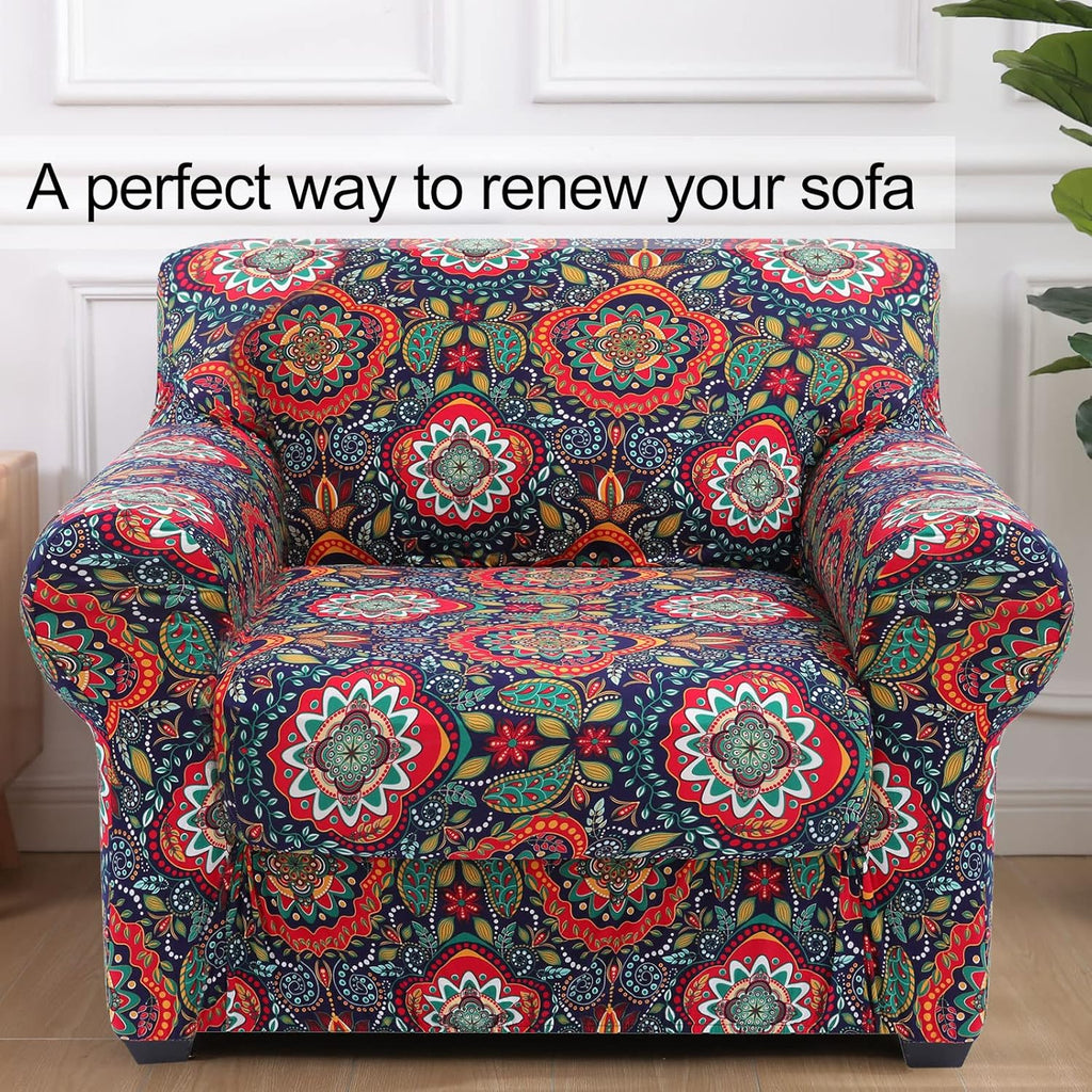 Couch Covers, Chair/Sofa Covers, Floral Pattern, Stretch, Printed, 2 Pieces, Armchair Slipcover, Separate Couch Cushion Slipcover, Furniture Protector for Dogs(Armchair, Mandala Floral)