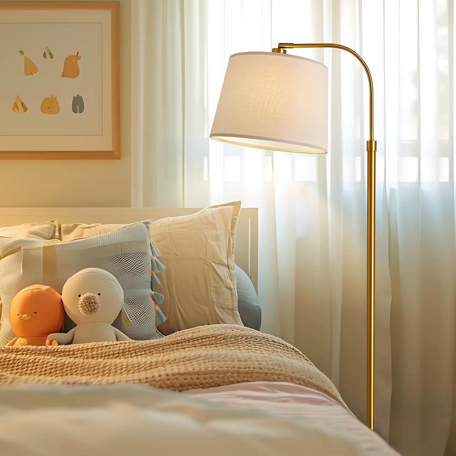 62' Gold Floor Lamp, Industrial Arc Standing Light, Antique Brass Shade for Living Room, Bedroom, Office