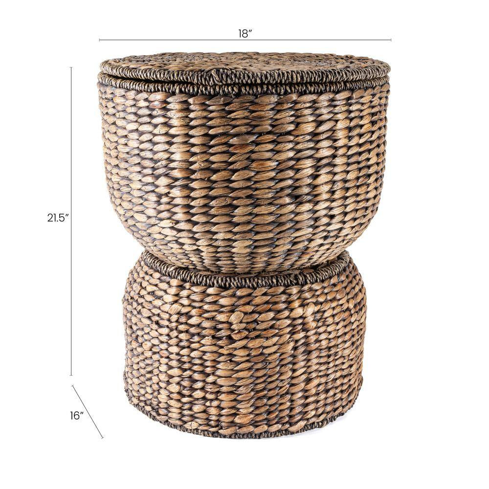 Bhola 18 In. Hourglass Handwoven Hyacinth Storage Accent Table with Lid, Brown Wash