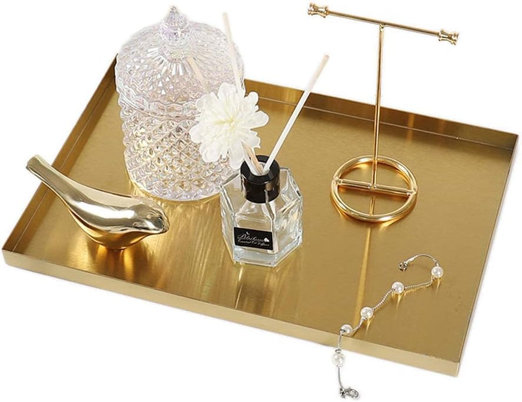 Gold Tray for Bathroom Vanity Brass Decor, Small Candle Holder, Rectangle Soap Dish, Brushed Square Plate, Coffee Table Toilet Back Modern Antique, 8''X12''