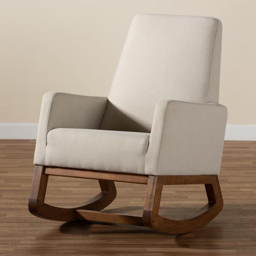Yashiya Mid-Century Beige Fabric Upholstered Rocking Chair