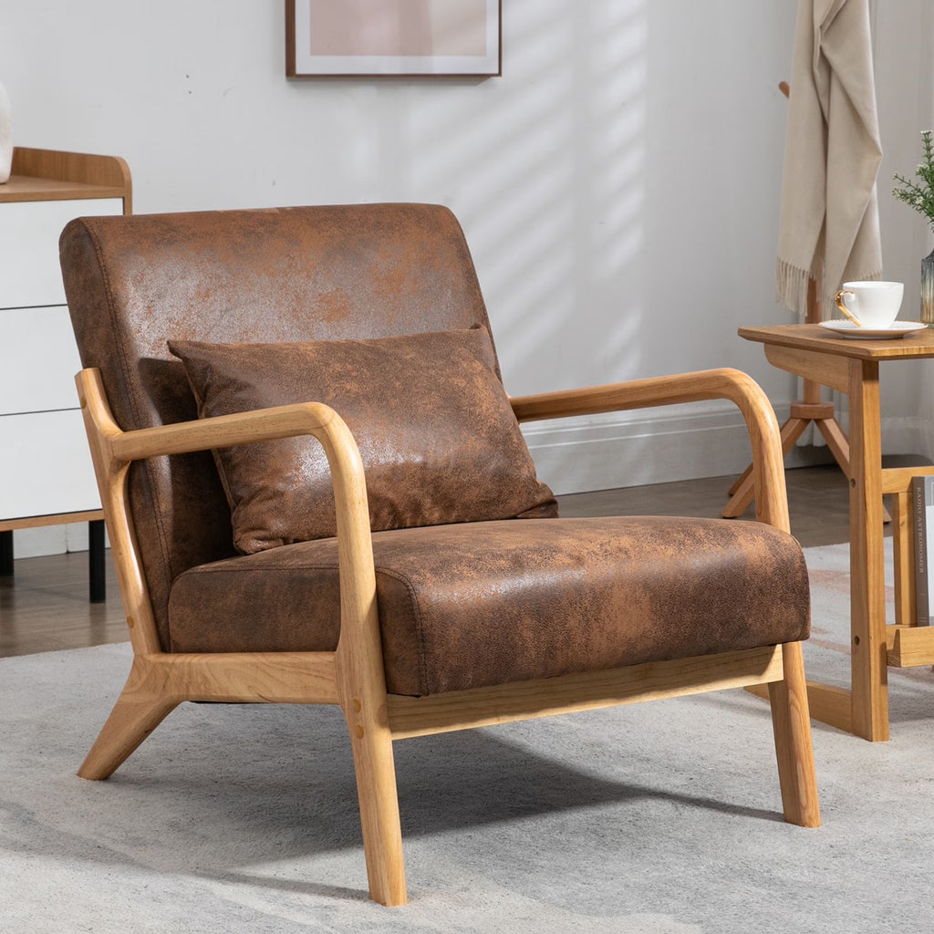 Mid Century Modern Accent Chair W/ Lumbar Pillow for Living Room, Wood Frame, Leather, Brown