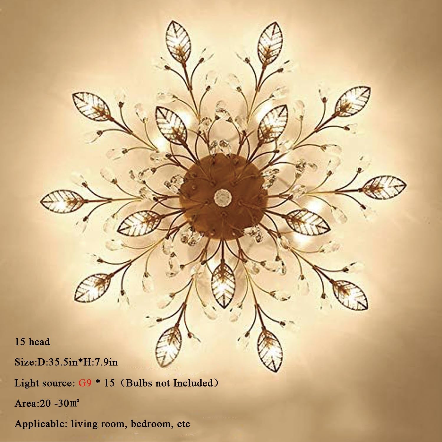 Elegant Gold Crystal Leaf Ceiling Light Fixture - 15-Light Chandelier