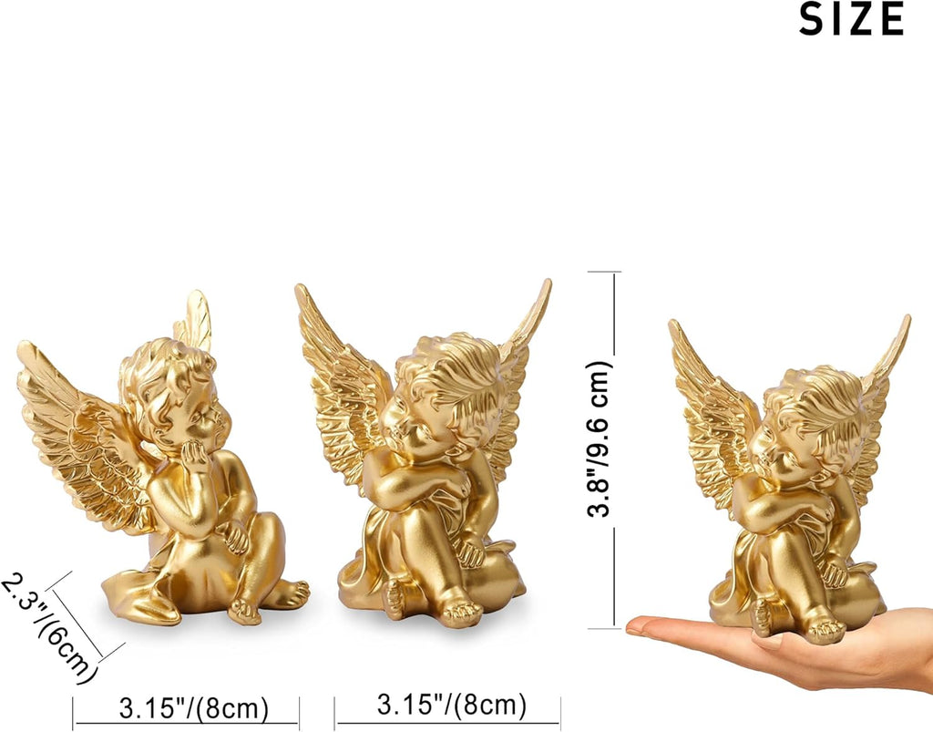 Set of 2 Cherubs Angels Resin Statue Figurine, Indoor Home Decoration, Adorable Angel Sculpture Memorial Statue 4" - Gold