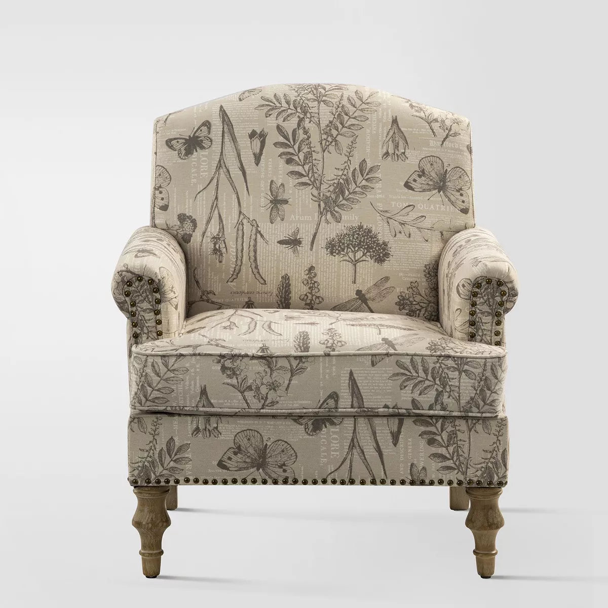 Yahweh Transitional Wooden Upholstered Floral Pattern Design Armchair with Panel Arms and Camelback| ART of LIVING DESIGNS