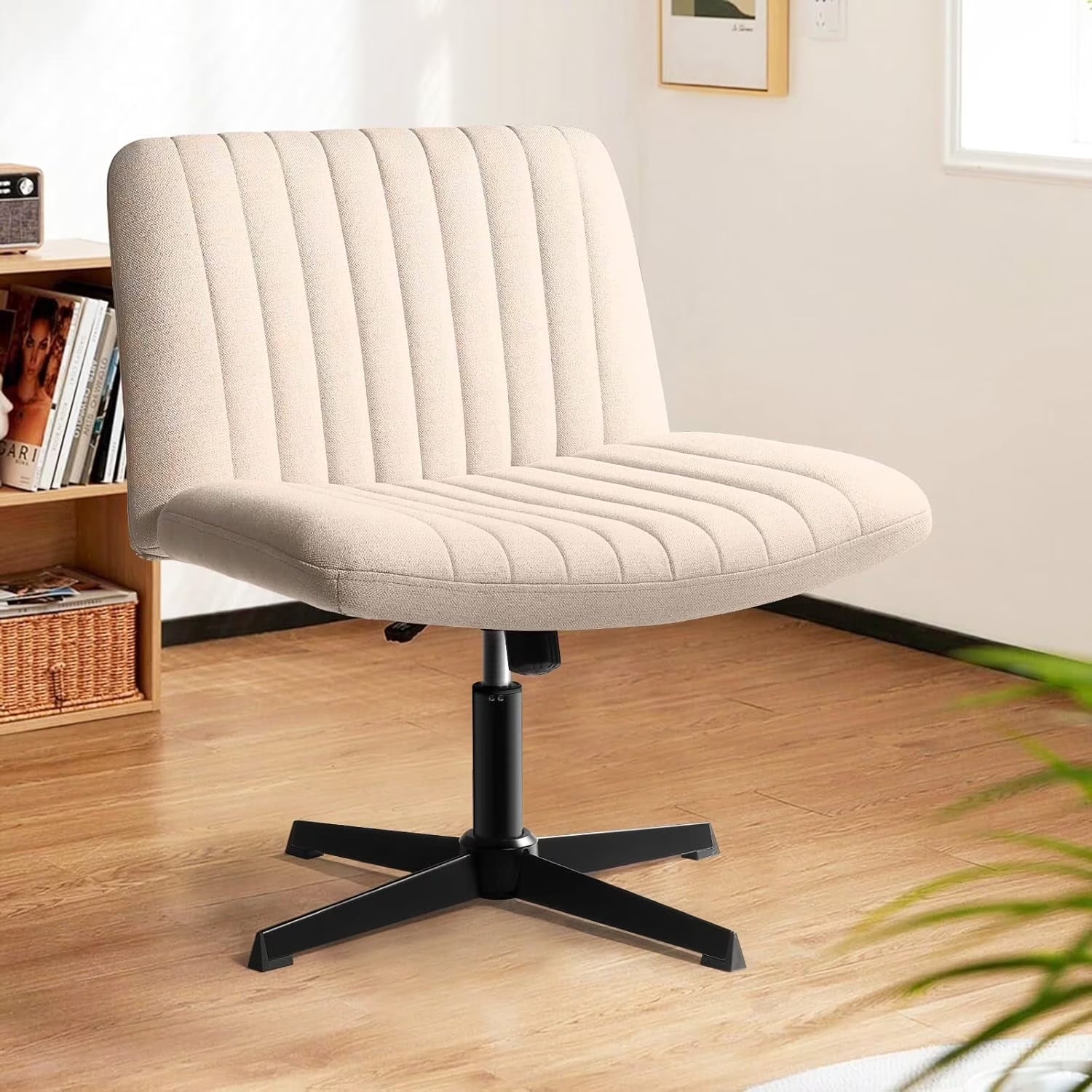 Armless Office Desk Chair No Wheels,Fabric Padded Criss Cross Legged Office Chair,Swivel Vanity Chair