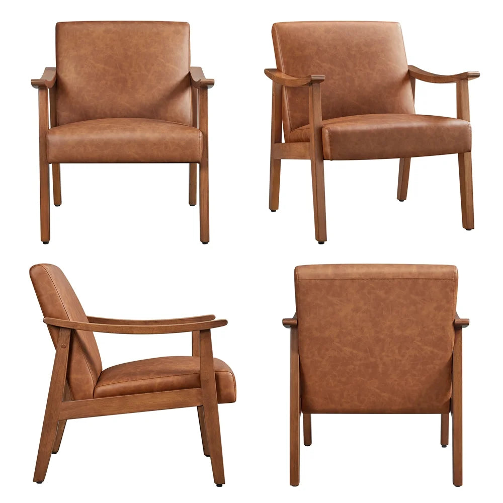 2Pcs Mid-Century Upholstered Faux Leather Armchair with Solid Wood Legs, Light Brown