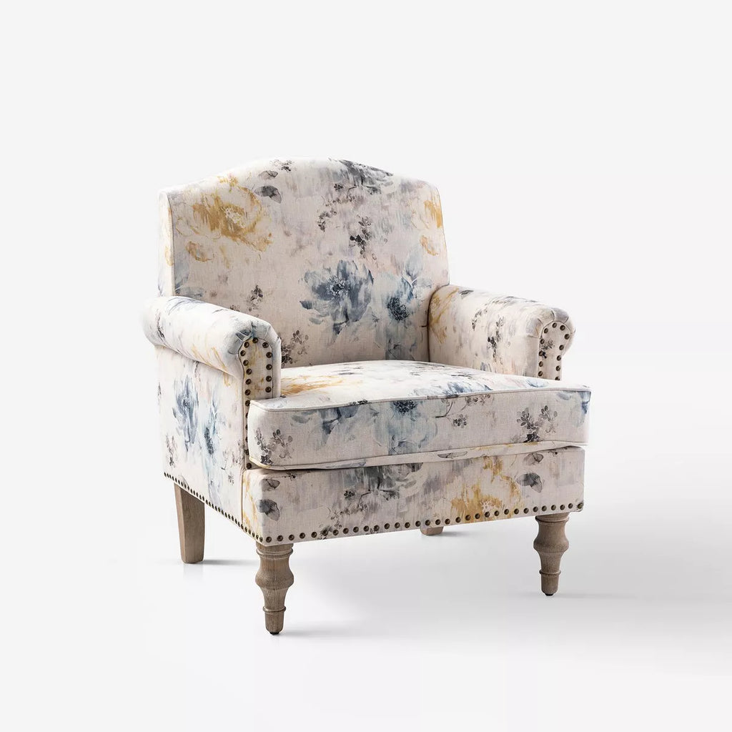 Yahweh Transitional Wooden Upholstered Floral Pattern Design Armchair with Panel Arms and Camelback| ART of LIVING DESIGNS