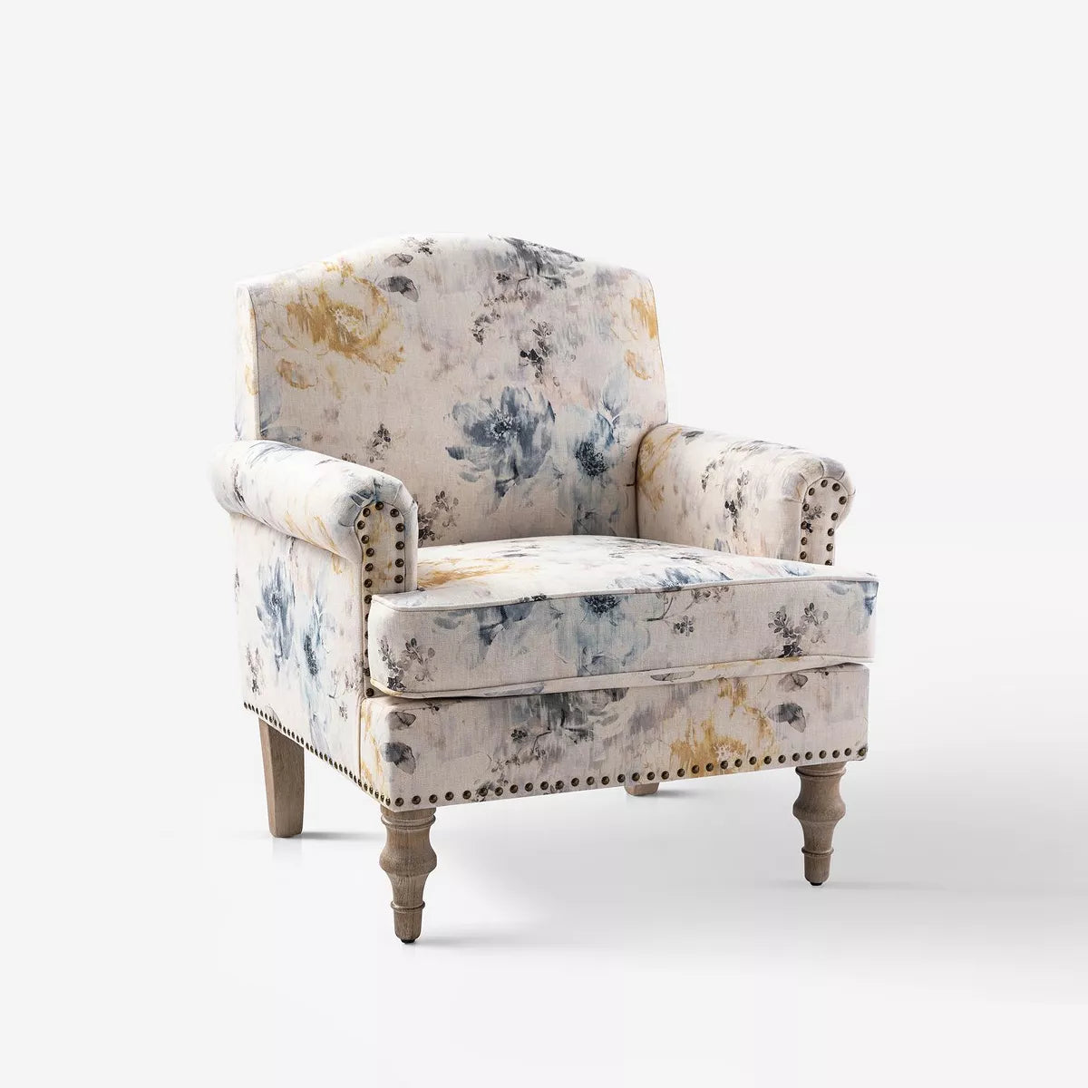 Yahweh Transitional Wooden Upholstered Floral Pattern Design Armchair with Panel Arms and Camelback| ART of LIVING DESIGNS