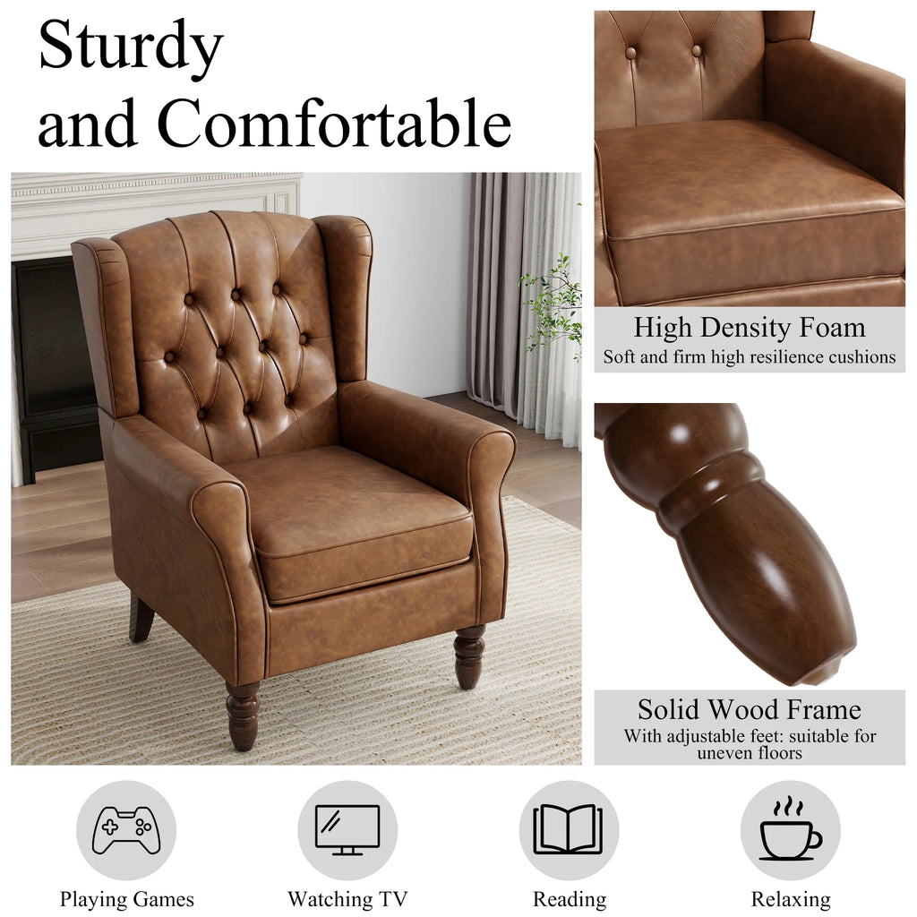 Wingback Accent Chair Set of 2, PU Leather Upholstered Armchair for Living Room Arm Chair, Brown