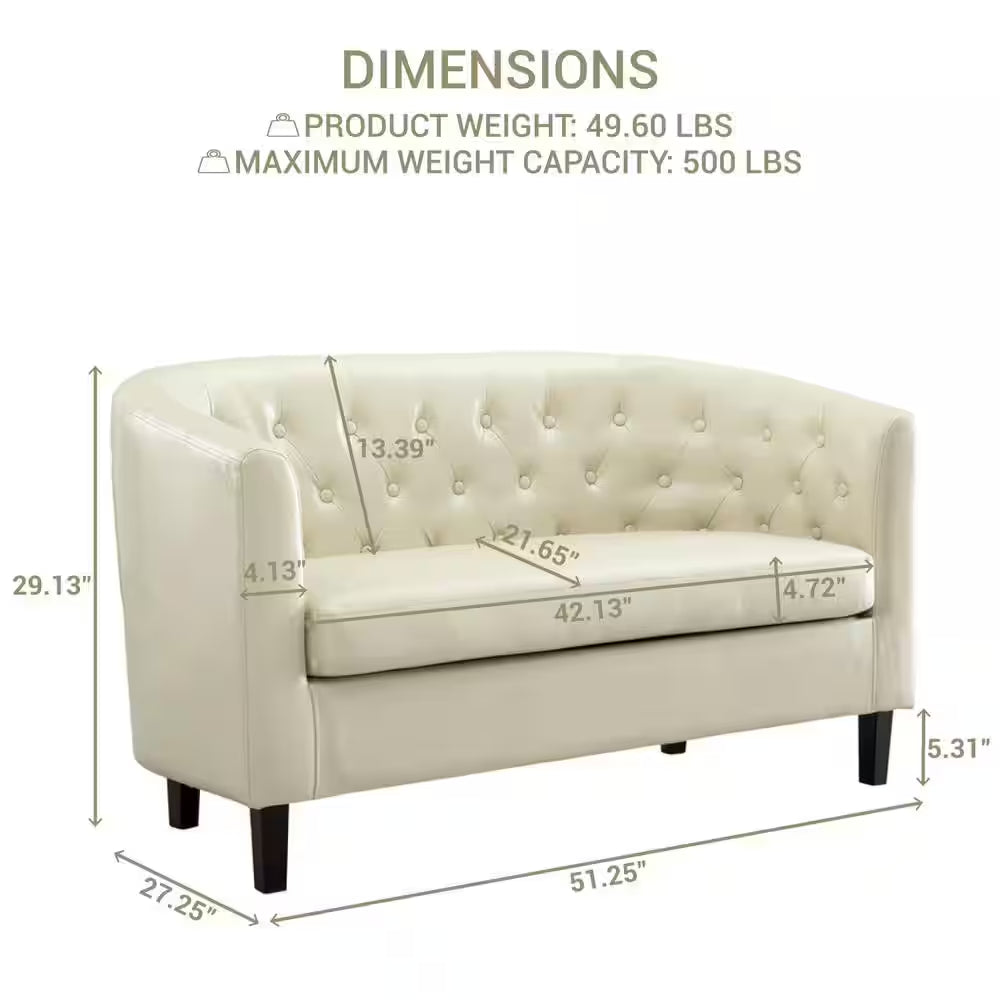 49 In. Midcentury Modern Cream Button Tufted Faux Leather 2-Seat Loveseat