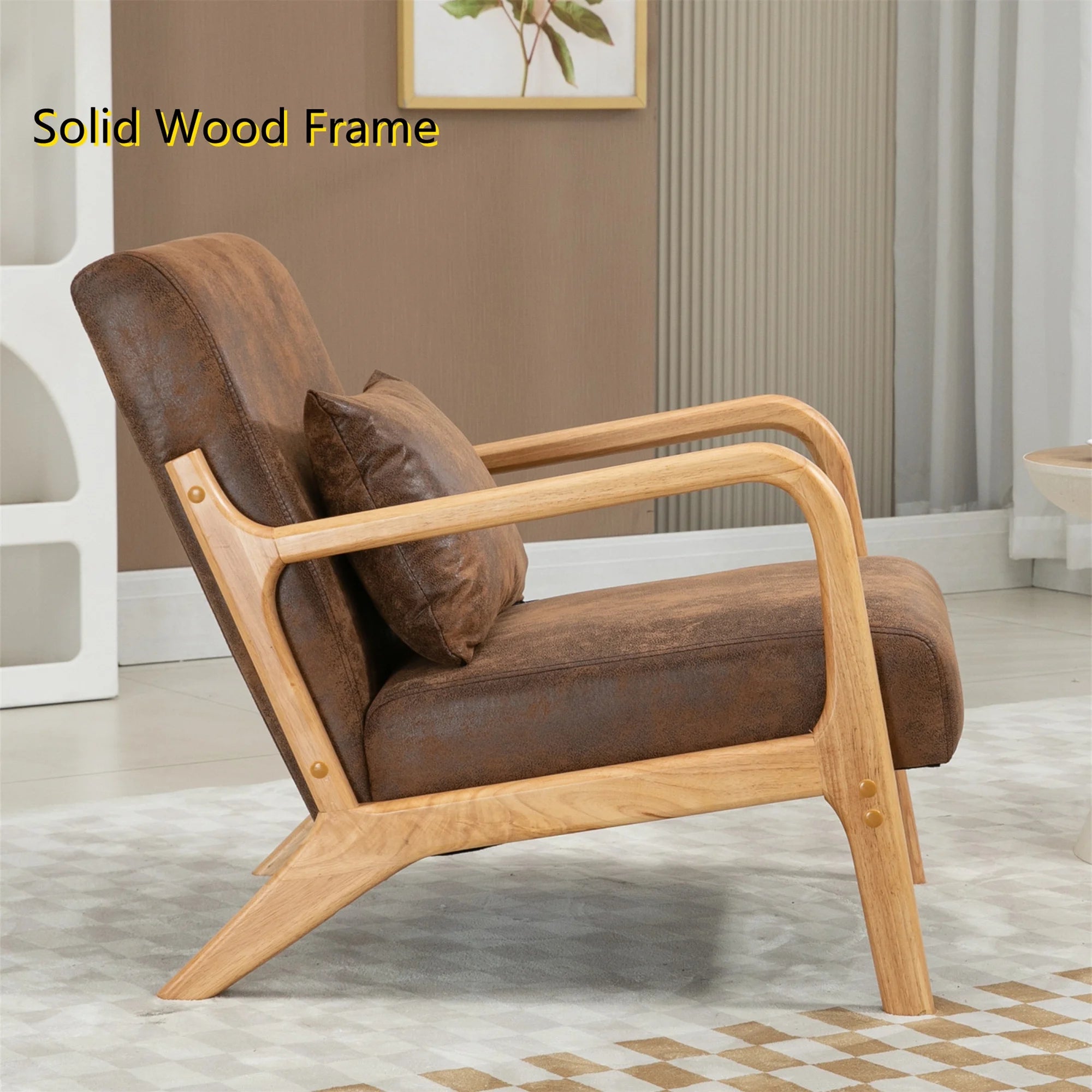 Mid Century Modern Accent Chair W/ Lumbar Pillow for Living Room, Wood Frame, Leather, Brown