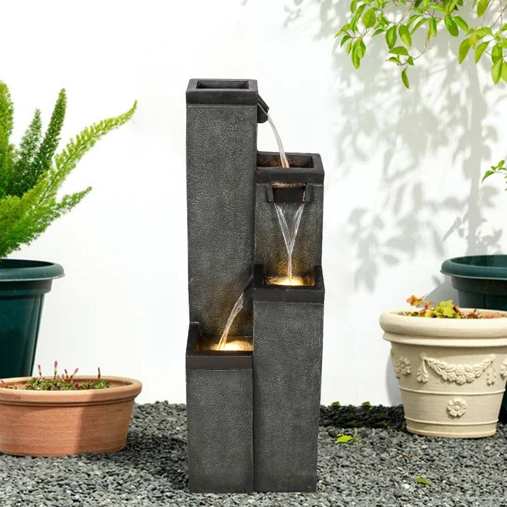 Resin Relaxing Waterfall Fountains - 39.3 In. Geometric Indoor-Outdoor Fountain 4-Tiered Garden Fountain with LED Lights
