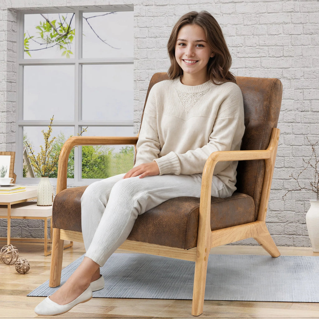 Mid-Century Modern Accent Chair, PU Leather Arm Chair with Wood Frame and Pillow, Upholstered Armchair Comfort Reading Chair Lounge Chair for Living Room Bedroom Sunroom, Brown