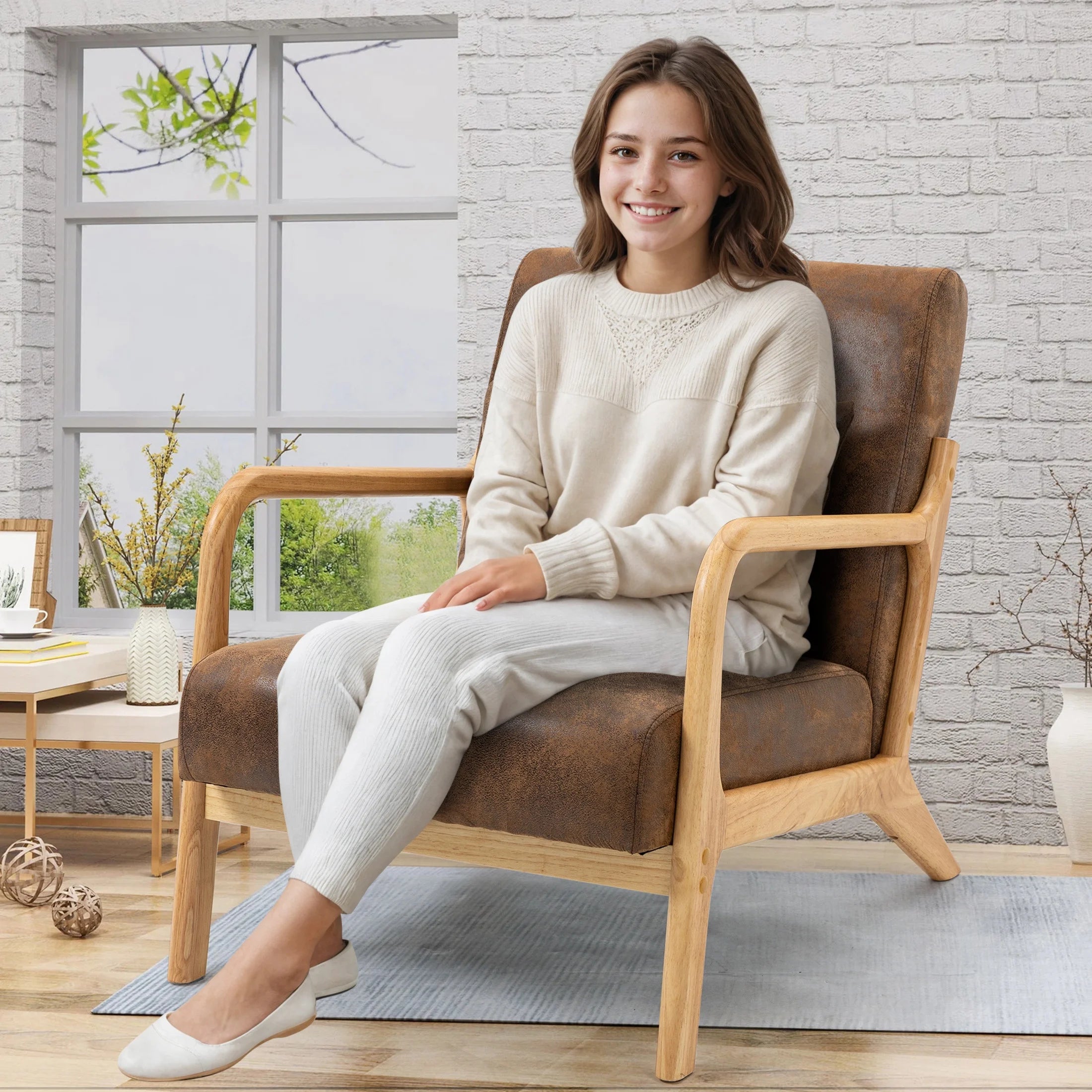Mid-Century Modern Accent Chair, PU Leather Arm Chair with Wood Frame and Pillow, Upholstered Armchair Comfort Reading Chair Lounge Chair for Living Room Bedroom Sunroom, Brown
