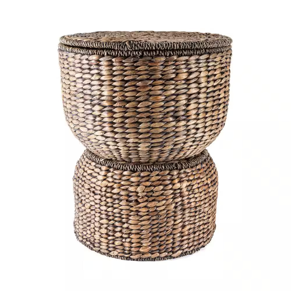 Bhola 18 In. Hourglass Handwoven Hyacinth Storage Accent Table with Lid, Brown Wash