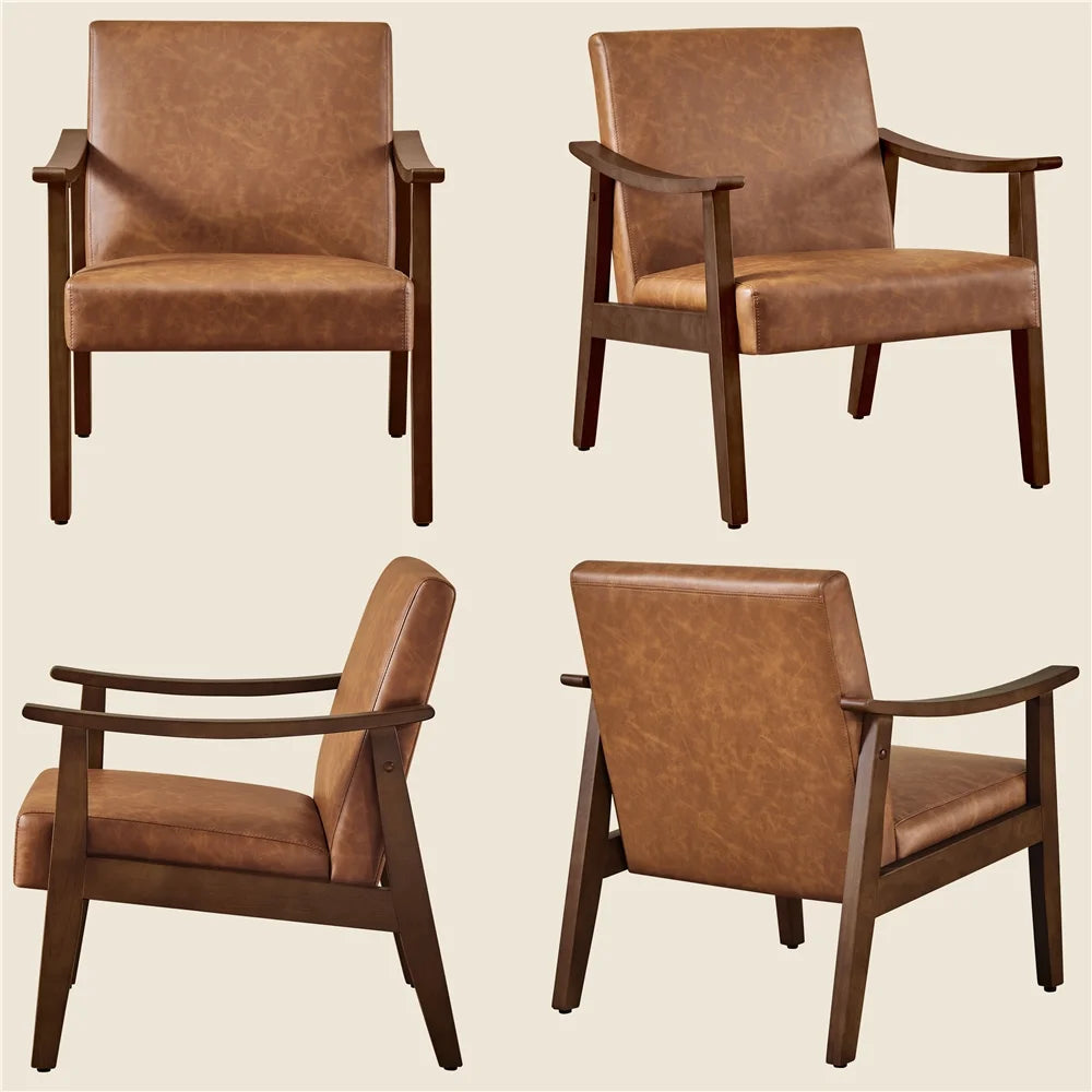 2Pcs Mid-Century Upholstered Faux Leather Armchair with Solid Wood Legs,Brown