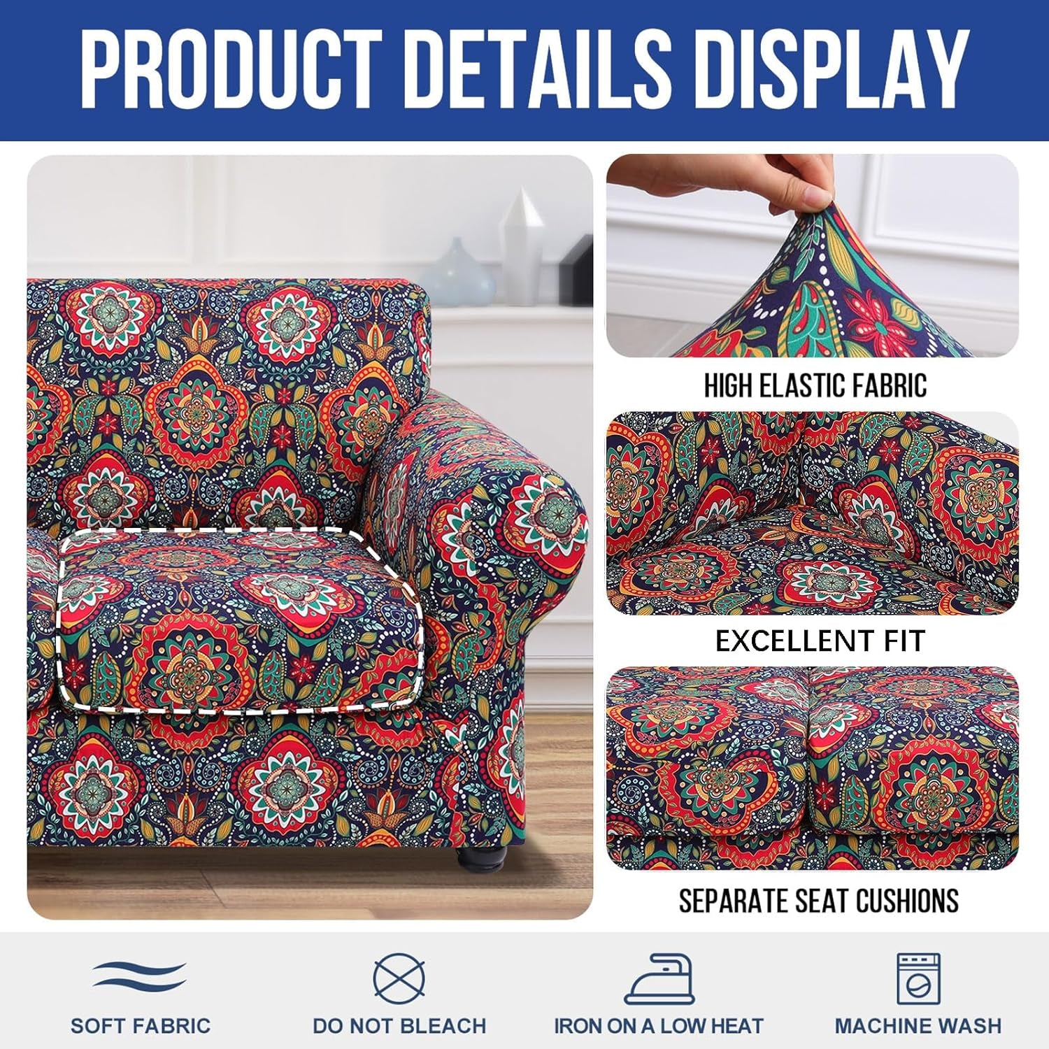 Couch Covers, Chair/Sofa Covers, Floral Pattern, Stretch, Printed, 2 Pieces, Armchair Slipcover, Separate Couch Cushion Slipcover, Furniture Protector for Dogs(Armchair, Mandala Floral)