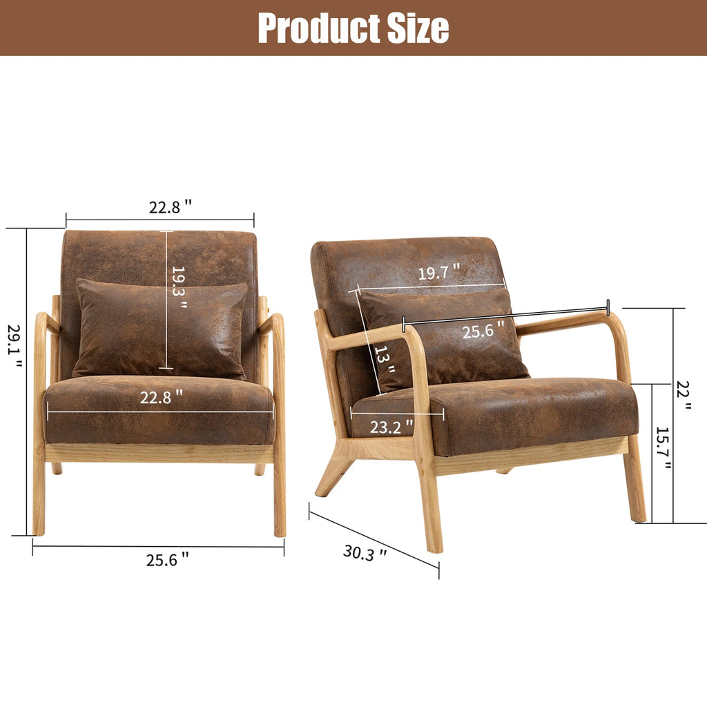 Mid-Century Modern Accent Chair, PU Leather Arm Chair with Wood Frame and Pillow, Upholstered Armchair Comfort Reading Chair Lounge Chair for Living Room Bedroom Sunroom, Brown