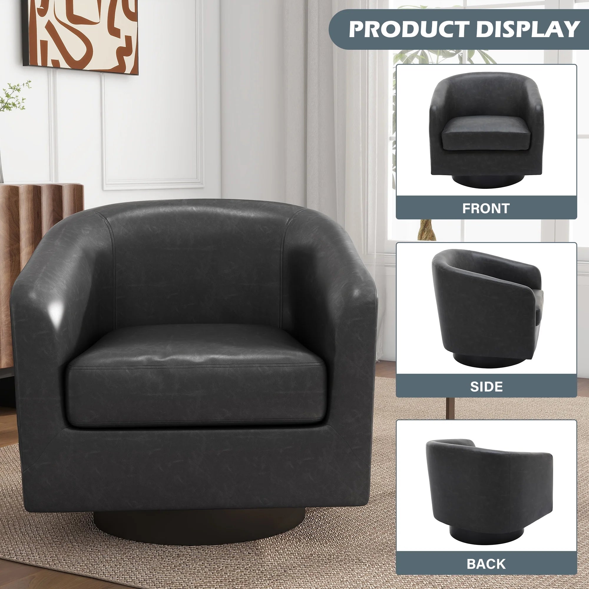 PU Leather Swivel Accent Chairs, Modern Upholstered Barrel Club Chair for Living Room, round Armchair Single Sofa, Black