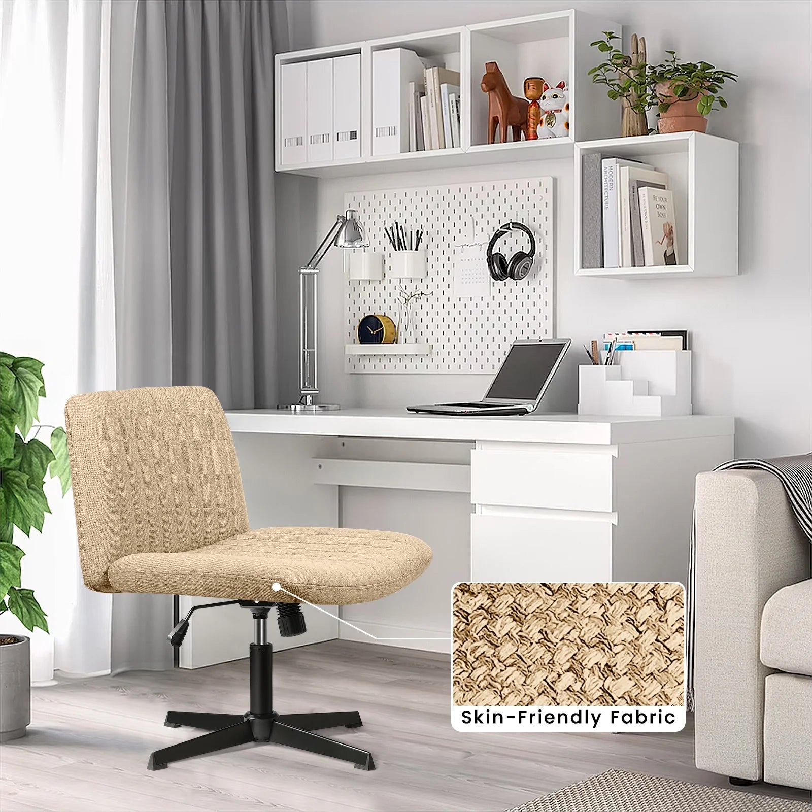 Armless Office Desk Chair No Wheels,Fabric Padded Modern Swivel Vanity Chair,Height Adjustable Wide Seat Computer Chair