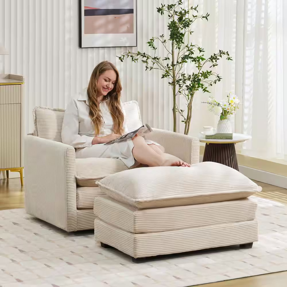 Modern Beige Corduroy Accent Armchair with Ottoman for Living
