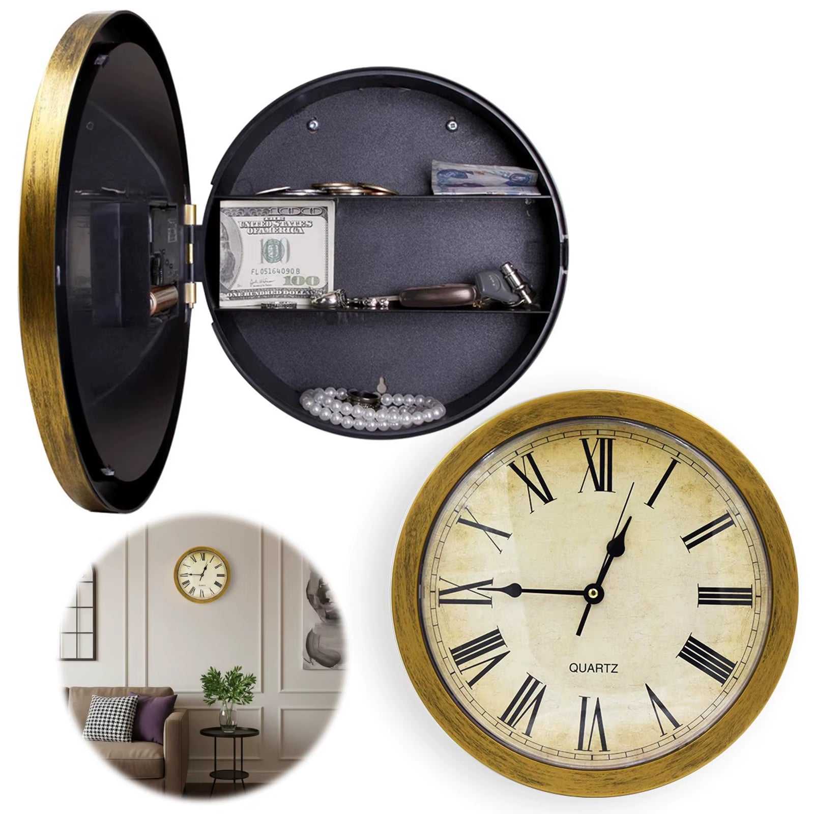 Plastic Secret Safe Wall Clock 10-Inch Vintage Decor Clock Diversion Safe Wall Clock Safety Box for Home Office Decoration Safe