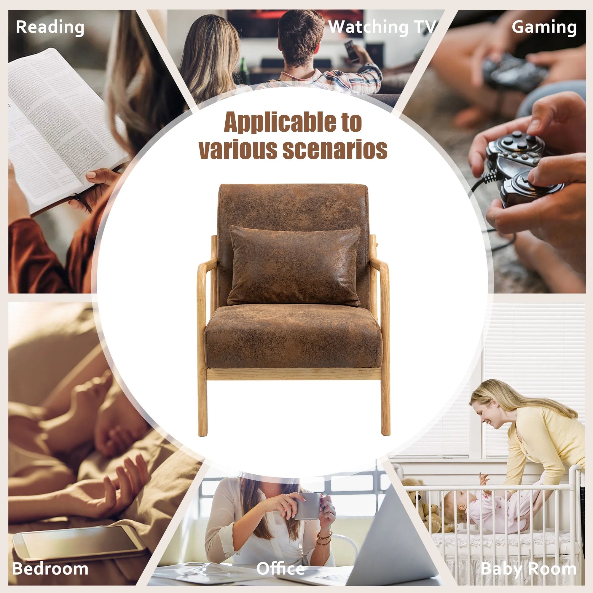 Mid-Century Modern Accent Chair, PU Leather Arm Chair with Wood Frame and Pillow, Upholstered Armchair Comfort Reading Chair Lounge Chair for Living Room Bedroom Sunroom, Brown