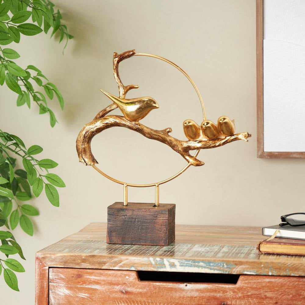 Gold Poly Stone Family on a Branch Bird Sculpture with Brown Block Base
