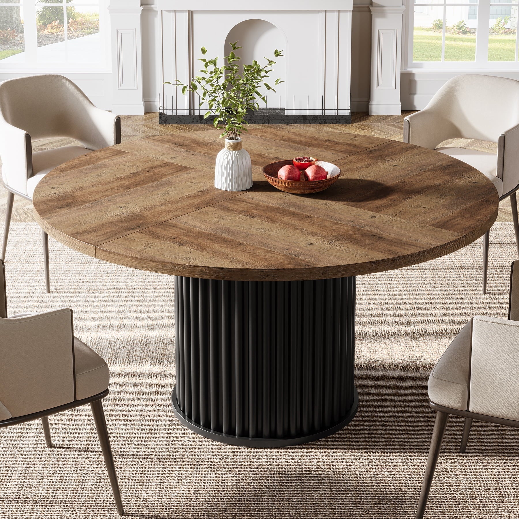 round Dining Table for 4-6 People, 47.24-Inch Circle Wood Kitchen Table with Sturdy Fluted Metal Base, Modern Dining Room Furniture