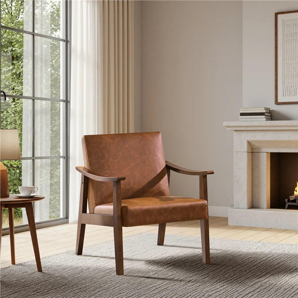 2Pcs Mid-Century Upholstered Faux Leather Armchair with Solid Wood Legs,Brown