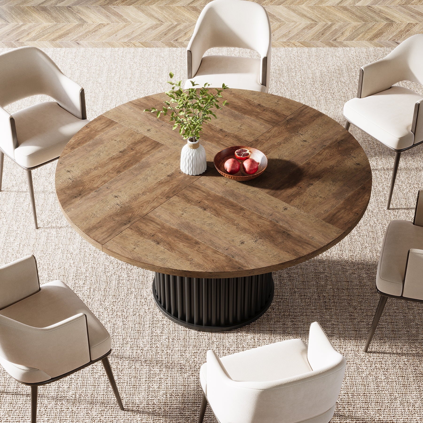 round Dining Table for 4-6 People, 47.24-Inch Circle Wood Kitchen Table with Sturdy Fluted Metal Base, Modern Dining Room Furniture