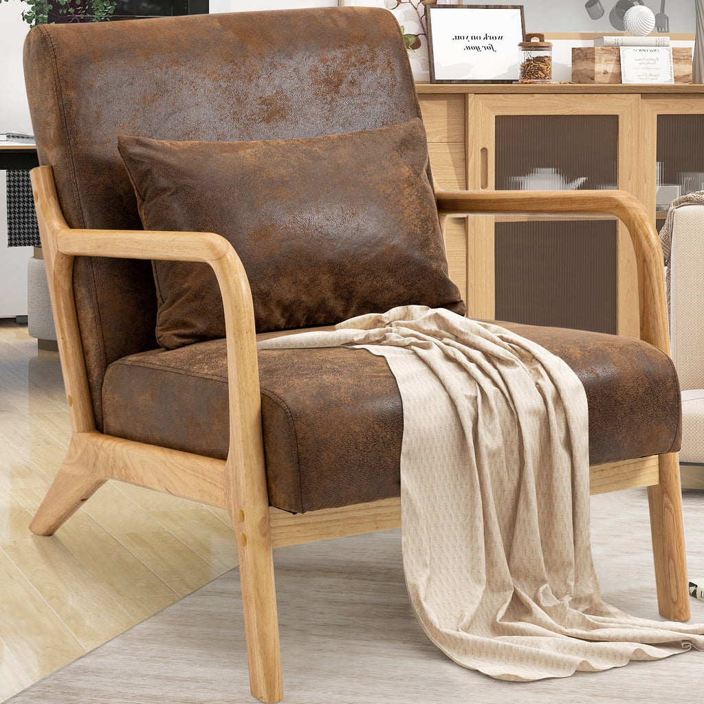 Mid-Century Modern Accent Chair, PU Leather Arm Chair with Wood Frame and Pillow, Upholstered Armchair Comfort Reading Chair Lounge Chair for Living Room Bedroom Sunroom, Brown