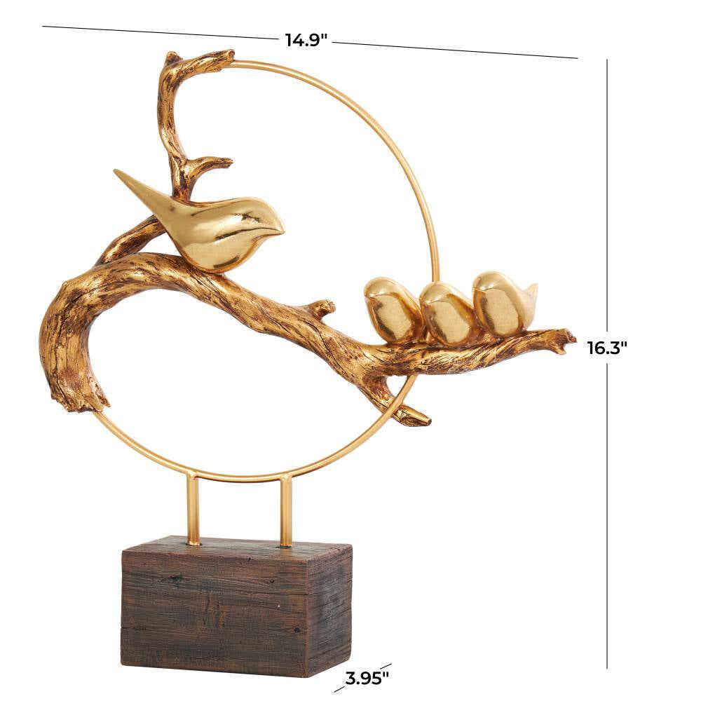 Gold Poly Stone Family on a Branch Bird Sculpture with Brown Block Base
