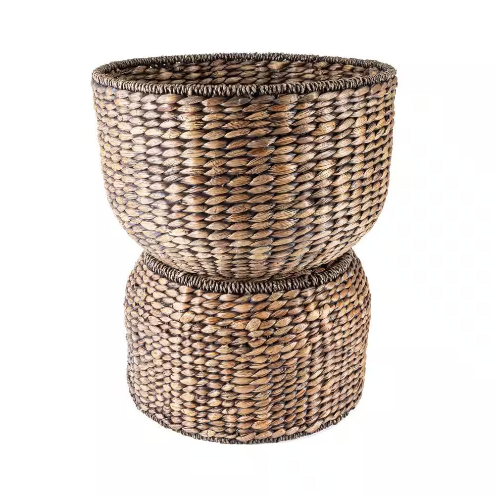 Bhola 18 In. Hourglass Handwoven Hyacinth Storage Accent Table with Lid, Brown Wash