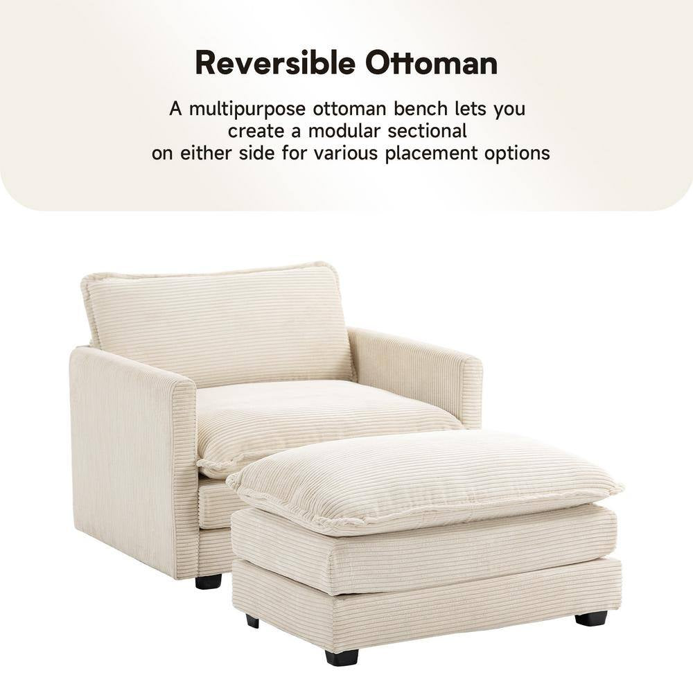 Modern Beige Corduroy Accent Armchair with Ottoman for Living