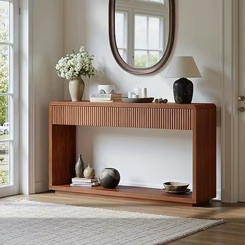 59'' Walnut Entryway Table with Drawers, Fluted Console Table, Mid Century Modern Sofa Table with Storage
