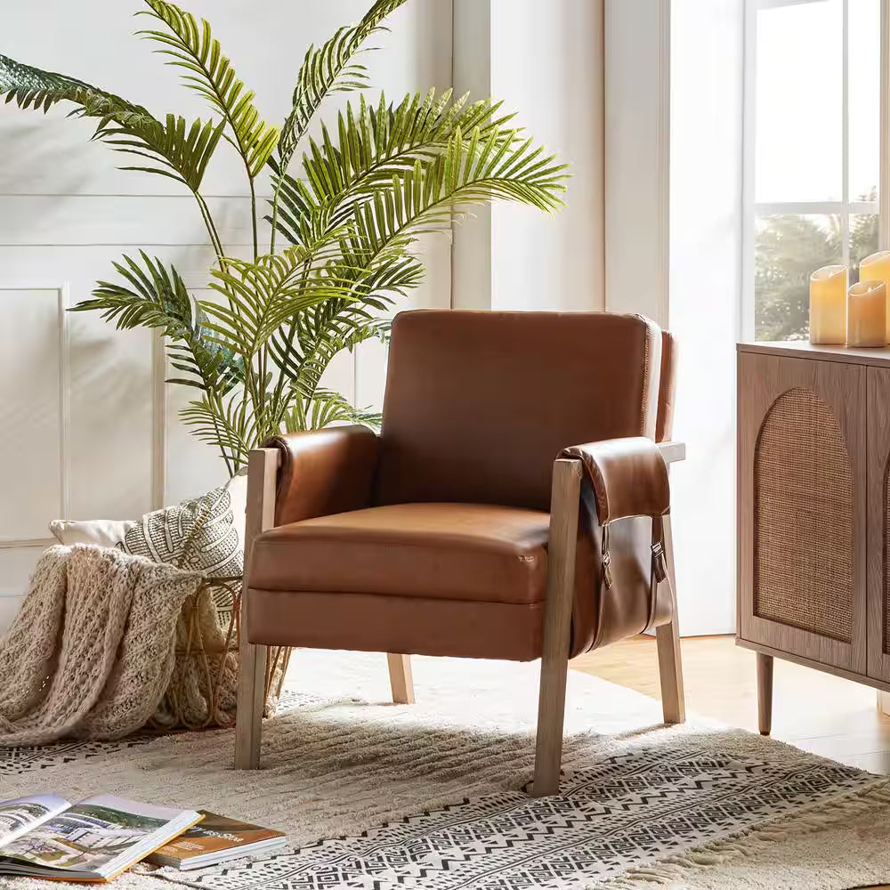 Marian Camel Comfort Faux Leather Armchair with Solid Wood Frame