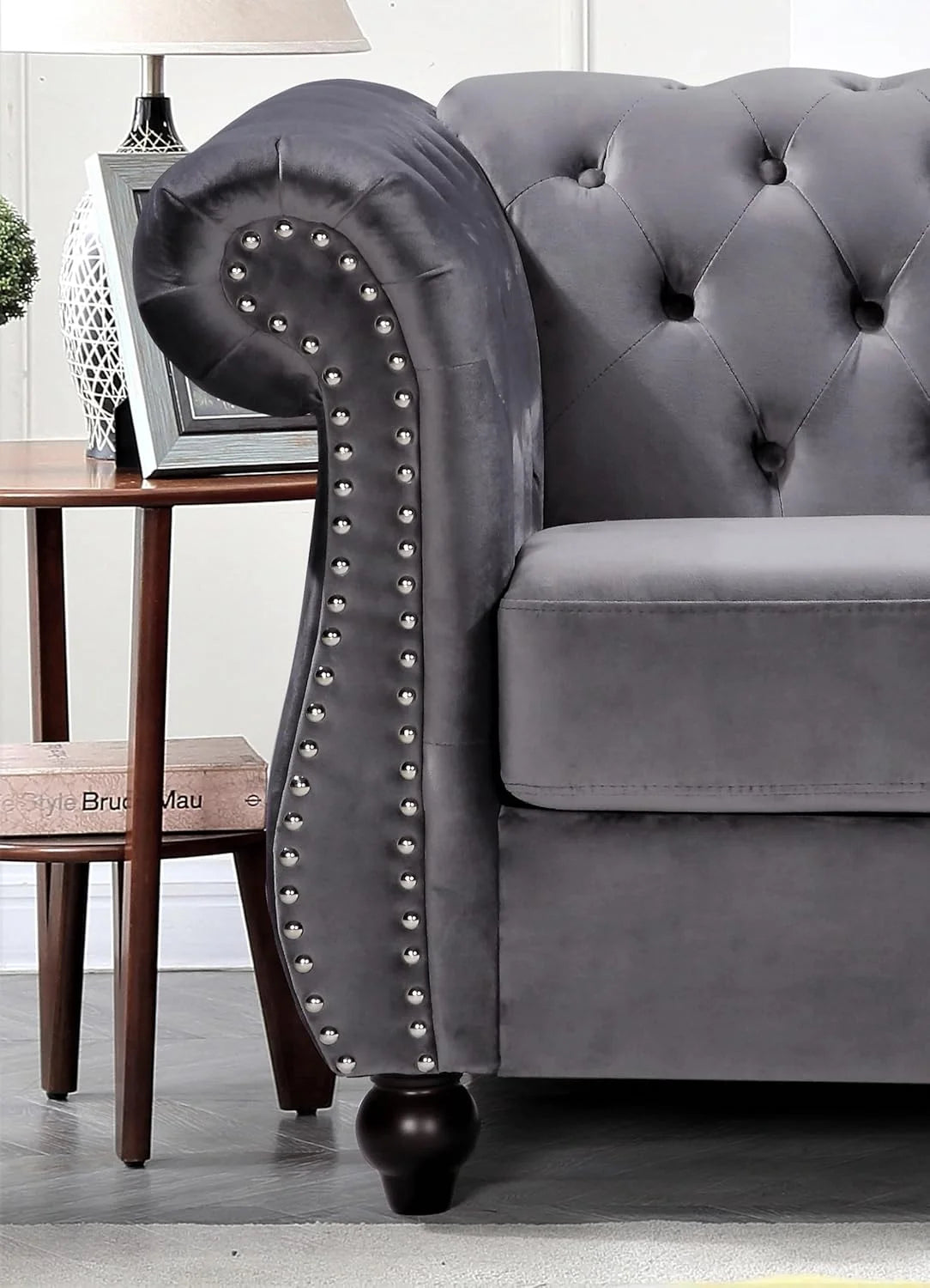 Chester 61 In. Wide Rolled Arm Velvet Modern Straight Living Room Loveseat, Gray